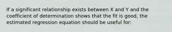 If a significant relationship exists between X and Y and the coefficient of determination shows that the fit is good, the estimated regression equation should be useful for: