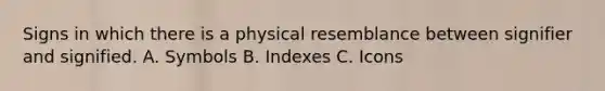 Signs in which there is a physical resemblance between signifier and signified. A. Symbols B. Indexes C. Icons