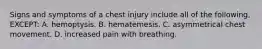 Signs and symptoms of a chest injury include all of the following, EXCEPT: A. hemoptysis. B. hematemesis. C. asymmetrical chest movement. D. increased pain with breathing.