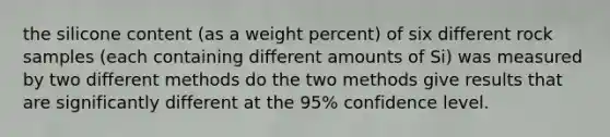 the silicone content (as a weight percent) of six different rock samples (each containing different amounts of Si) was measured by two different methods do the two methods give results that are significantly different at the 95% confidence level.