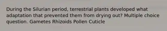 During the Silurian period, terrestrial plants developed what adaptation that prevented them from drying out? Multiple choice question. Gametes Rhizoids Pollen Cuticle