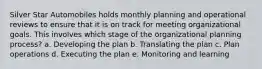 Silver Star Automobiles holds monthly planning and operational reviews to ensure that it is on track for meeting organizational goals. This involves which stage of the organizational planning process? a. Developing the plan b. Translating the plan c. Plan operations d. Executing the plan e. Monitoring and learning