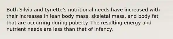 Both Silvia and Lynette's nutritional needs have increased with their increases in lean body mass, skeletal mass, and body fat that are occurring during puberty. The resulting energy and nutrient needs are less than that of infancy.