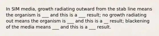 In SIM media, growth radiating outward from the stab line means the organism is ___ and this is a ___ result; no growth radiating out means the organism is ___ and this is a __ result; blackening of the media means ___ and this is a ___ result.