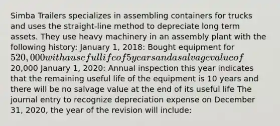 Simba Trailers specializes in assembling containers for trucks and uses the straight-line method to depreciate long term assets. They use heavy machinery in an assembly plant with the following history: January 1, 2018: Bought equipment for 520,000 with a useful life of 5 years and a salvage value of20,000 January 1, 2020: Annual inspection this year indicates that the remaining useful life of the equipment is 10 years and there will be no salvage value at the end of its useful life The journal entry to recognize depreciation expense on December 31, 2020, the year of the revision will include: