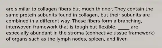 are similar to collagen fibers but much thinner. They contain the same protein subunits found in collagen, but their subunits are combined in a different way. These fibers form a branching, interwoven framework that is tough but flexible. _____ are especially abundant in the stroma (connective tissue framework) of organs such as the lymph nodes, spleen, and liver.