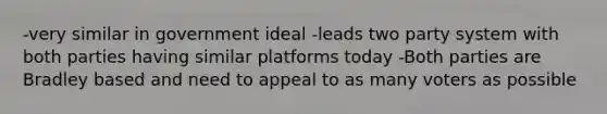 -very similar in government ideal -leads two party system with both parties having similar platforms today -Both parties are Bradley based and need to appeal to as many voters as possible