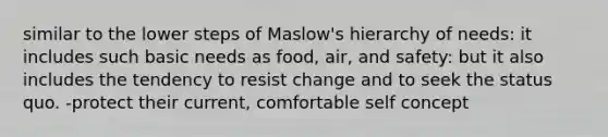 similar to the lower steps of Maslow's hierarchy of needs: it includes such basic needs as food, air, and safety: but it also includes the tendency to resist change and to seek the status quo. -protect their current, comfortable self concept