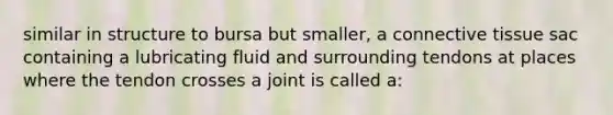 similar in structure to bursa but smaller, a connective tissue sac containing a lubricating fluid and surrounding tendons at places where the tendon crosses a joint is called a: