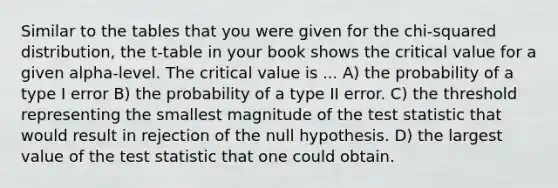 Similar to the tables that you were given for the chi-squared distribution, the t-table in your book shows the critical value for a given alpha-level. The critical value is ... A) the probability of a type I error B) the probability of a type II error. C) the threshold representing the smallest magnitude of the test statistic that would result in rejection of the null hypothesis. D) the largest value of the test statistic that one could obtain.