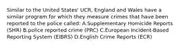 Similar to the United States' UCR, England and Wales have a similar program for which they measure crimes that have been reported to the police called: A.Supplementary Homicide Reports (SHR) B.police reported crime (PRC) C.European Incident-Based Reporting System (EIBRS) D.English Crime Reports (ECR)