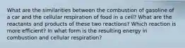 What are the similarities between the combustion of gasoline of a car and the cellular respiration of food in a cell? What are the reactants and products of these two reactions? Which reaction is more efficient? In what form is the resulting energy in combustion and cellular respiration?