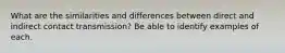 What are the similarities and differences between direct and indirect contact transmission? Be able to identify examples of each.