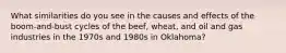 What similarities do you see in the causes and effects of the boom-and-bust cycles of the beef, wheat, and oil and gas industries in the 1970s and 1980s in Oklahoma?