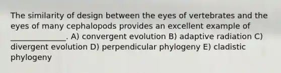 The similarity of design between the eyes of vertebrates and the eyes of many cephalopods provides an excellent example of ______________. A) convergent evolution B) adaptive radiation C) divergent evolution D) perpendicular phylogeny E) cladistic phylogeny