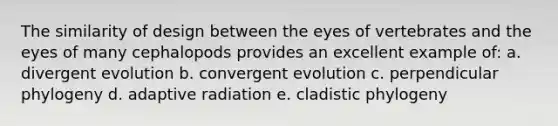 The similarity of design between the eyes of vertebrates and the eyes of many cephalopods provides an excellent example of: a. divergent evolution b. convergent evolution c. perpendicular phylogeny d. adaptive radiation e. cladistic phylogeny