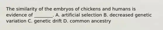 The similarity of the embryos of chickens and humans is evidence of ________. A. artificial selection B. decreased genetic variation C. genetic drift D. common ancestry