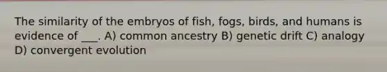 The similarity of the embryos of fish, fogs, birds, and humans is evidence of ___. A) common ancestry B) genetic drift C) analogy D) convergent evolution