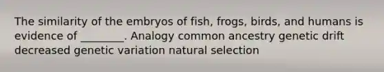 The similarity of the embryos of fish, frogs, birds, and humans is evidence of ________. Analogy common ancestry genetic drift decreased genetic variation natural selection