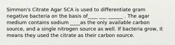 Simmon's Citrate Agar SCA is used to differentiate gram negative bacteria on the basis of____ ___ ______ . The agar medium contains sodium ____as the only available carbon source, and a single nitrogen source as well. If bacteria grow, it means they used the citrate as their carbon source.