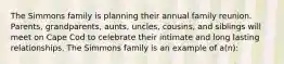 The Simmons family is planning their annual family reunion. Parents, grandparents, aunts, uncles, cousins, and siblings will meet on Cape Cod to celebrate their intimate and long lasting relationships. The Simmons family is an example of a(n):