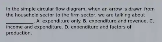 In the simple circular flow​ diagram, when an arrow is drawn from the household sector to the firm ​sector, we are talking about​ ____________. A. expenditure only. B. expenditure and revenue. C. income and expenditure. D. expenditure and factors of production.