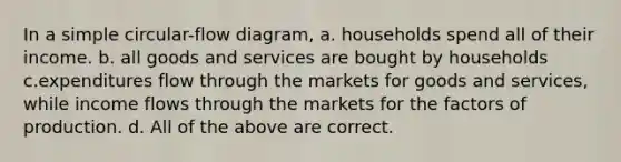 In a simple circular-flow diagram, a. households spend all of their income. b. all goods and services are bought by households c.expenditures flow through the markets for goods and services, while income flows through the markets for the factors of production. d. All of the above are correct.