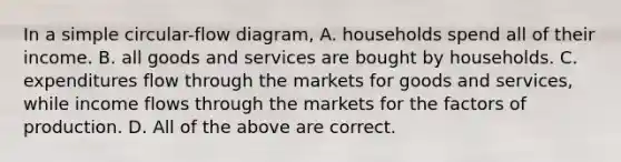 In a simple circular-flow diagram, A. households spend all of their income. B. all goods and services are bought by households. C. expenditures flow through the markets for goods and services, while income flows through the markets for the factors of production. D. All of the above are correct.