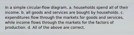 In a simple circular-flow diagram, a. households spend all of their income. b. all goods and services are bought by households. c. expenditures flow through the markets for goods and services, while income flows through the markets for the factors of production. d. All of the above are correct.