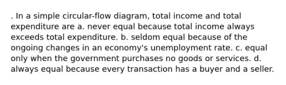 . In a simple circular-flow diagram, total income and total expenditure are a. never equal because total income always exceeds total expenditure. b. seldom equal because of the ongoing changes in an economy's unemployment rate. c. equal only when the government purchases no goods or services. d. always equal because every transaction has a buyer and a seller.