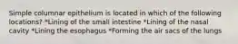 Simple columnar epithelium is located in which of the following locations? *Lining of the small intestine *Lining of the nasal cavity *Lining the esophagus *Forming the air sacs of the lungs