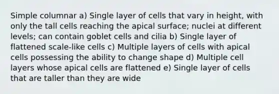 Simple columnar a) Single layer of cells that vary in height, with only the tall cells reaching the apical surface; nuclei at different levels; can contain goblet cells and cilia b) Single layer of flattened scale-like cells c) Multiple layers of cells with apical cells possessing the ability to change shape d) Multiple cell layers whose apical cells are flattened e) Single layer of cells that are taller than they are wide