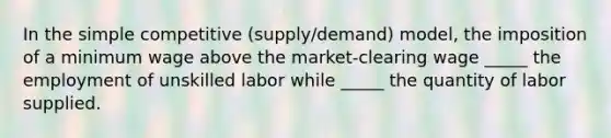 In the simple competitive (supply/demand) model, the imposition of a minimum wage above the market-clearing wage _____ the employment of unskilled labor while _____ the quantity of labor supplied.