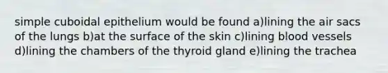 simple cuboidal epithelium would be found a)lining the air sacs of the lungs b)at the surface of the skin c)lining <a href='https://www.questionai.com/knowledge/kZJ3mNKN7P-blood-vessels' class='anchor-knowledge'>blood vessels</a> d)lining the chambers of the thyroid gland e)lining the trachea