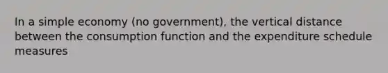 In a simple economy (no government), the vertical distance between the consumption function and the expenditure schedule measures