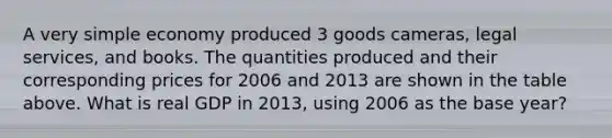 A very simple economy produced 3 goods cameras, legal services, and books. The quantities produced and their corresponding prices for 2006 and 2013 are shown in the table above. What is real GDP in 2013, using 2006 as the base year?