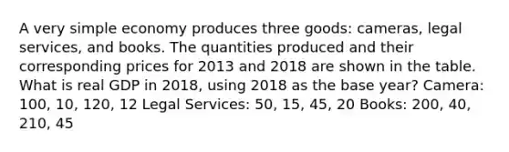 A very simple economy produces three​ goods: cameras, legal​ services, and books. The quantities produced and their corresponding prices for 2013 and 2018 are shown in the table. What is real GDP in​ 2018, using 2018 as the base​ year? Camera: 100, 10, 120, 12 Legal Services: 50, 15, 45, 20 Books: 200, 40, 210, 45