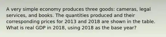 A very simple economy produces three​ goods: cameras, legal​ services, and books. The quantities produced and their corresponding prices for 2013 and 2018 are shown in the table. What is real GDP in​ 2018, using 2018 as the base​ year?