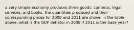 a very simple economy produces three goods: cameras, legal services, and books. the quantities produced and their corresponding prices for 2008 and 2011 are shown in the table above. what is the GDP deflator in 2008 if 2011 is the base year?