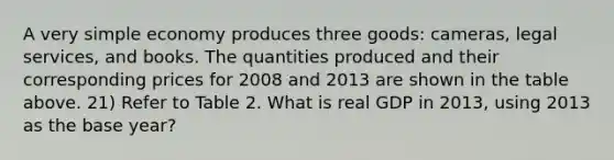 A very simple economy produces three goods: cameras, legal services, and books. The quantities produced and their corresponding prices for 2008 and 2013 are shown in the table above. 21) Refer to Table 2. What is real GDP in 2013, using 2013 as the base year?