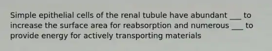 Simple epithelial cells of the renal tubule have abundant ___ to increase the surface area for reabsorption and numerous ___ to provide energy for actively transporting materials