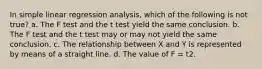 In simple linear regression analysis, which of the following is not true? a. The F test and the t test yield the same conclusion. b. The F test and the t test may or may not yield the same conclusion. c. The relationship between X and Y is represented by means of a straight line. d. The value of F = t2.