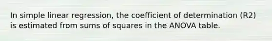 In simple linear regression, the coefficient of determination (R2) is estimated from sums of squares in the ANOVA table.