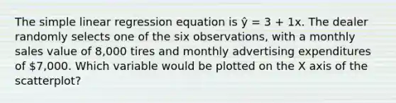 The simple linear regression equation is ŷ = 3 + 1x. The dealer randomly selects one of the six observations, with a monthly sales value of 8,000 tires and monthly advertising expenditures of 7,000. Which variable would be plotted on the X axis of the scatterplot?