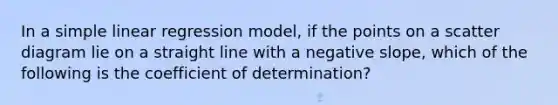 In a <a href='https://www.questionai.com/knowledge/kuO8H0fiMa-simple-linear-regression' class='anchor-knowledge'>simple linear regression</a> model, if the points on a scatter diagram lie on a straight line with a <a href='https://www.questionai.com/knowledge/kUdsC1Rkod-negative-slope' class='anchor-knowledge'>negative slope</a>, which of the following is the coefficient of determination?