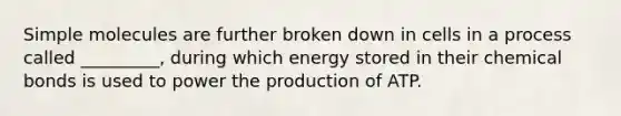 Simple molecules are further broken down in cells in a process called _________, during which energy stored in their chemical bonds is used to power the production of ATP.