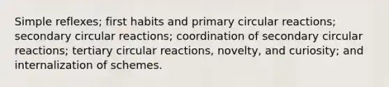 Simple reflexes; first habits and primary circular reactions; secondary circular reactions; coordination of secondary circular reactions; tertiary circular reactions, novelty, and curiosity; and internalization of schemes.