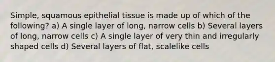 Simple, squamous epithelial tissue is made up of which of the following? a) A single layer of long, narrow cells b) Several layers of long, narrow cells c) A single layer of very thin and irregularly shaped cells d) Several layers of flat, scalelike cells