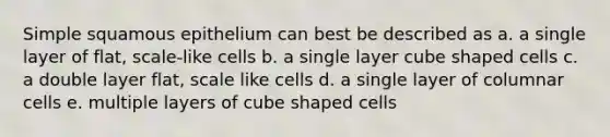 Simple squamous epithelium can best be described as a. a single layer of flat, scale-like cells b. a single layer cube shaped cells c. a double layer flat, scale like cells d. a single layer of columnar cells e. multiple layers of cube shaped cells