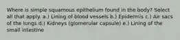 Where is simple squamous epithelium found in the body? Select all that apply. a.) Lining of blood vessels b.) Epidermis c.) Air sacs of the lungs d.) Kidneys (glomerular capsule) e.) Lining of the small intestine